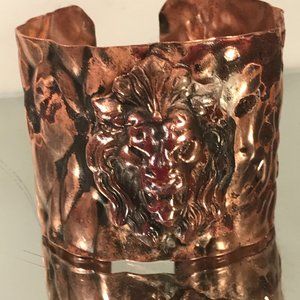 Lion Gladiator Copper Solid Brass Wide Cuff Bracelet Embossed Brutalist Medieval